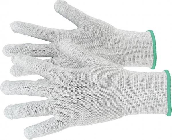 The image shows a pair of gray mesh gloves with a green cuff. They are shaped like gloves and lie flat on a surface.