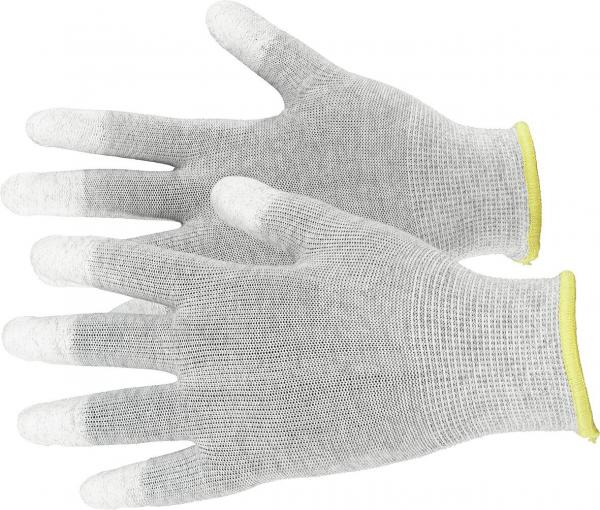 The image shows a pair of gray protective gloves. The gloves are made of a fine mesh material and have yellow cuffs. The fingertips are dyed white. They are intended for versatile applications.