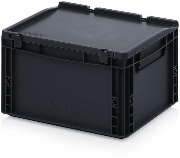 The image displays a black, rectangular plastic box with a flat lid. It has side handles and a sturdy, clear shape, ideal for storing items.