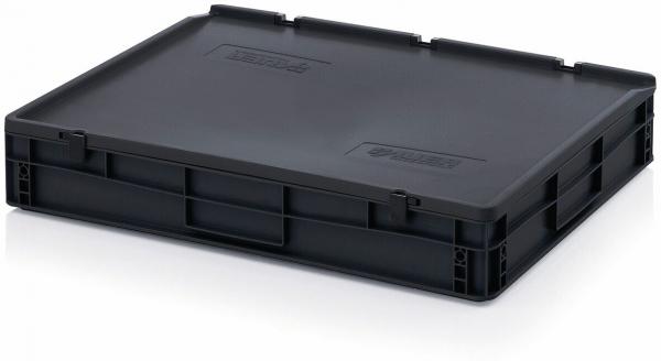The image shows a square, flat plastic box in black. It has sturdy side walls and is slightly angled, ideal for stacking or transporting items.