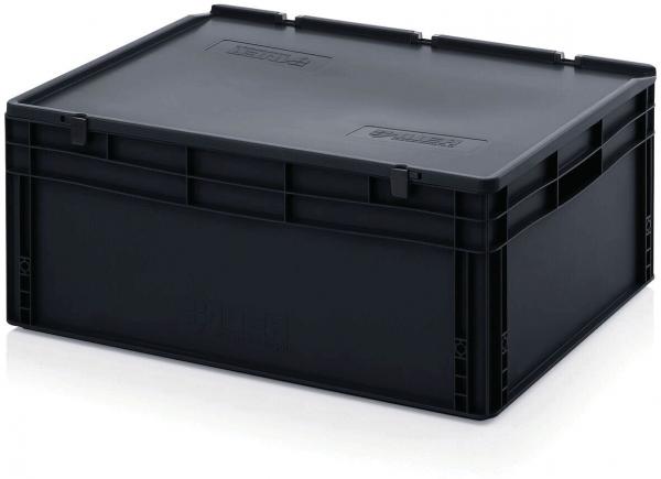 Das Bild zeigt eine schwarze, rechteckige Kunststoffbox mit einem stabilen Deckel. Die Box hat leicht ausgestellte Seiten und die Ecken sind abgerundet. Sie wirkt robust und funktional.