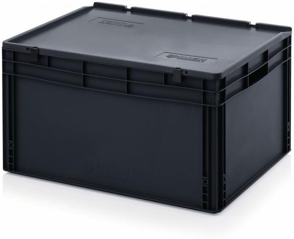 The image shows a simple, rectangular, black plastic box with a padded lid. It has solid walls and a sturdy bottom, ideal for storing and transporting items.