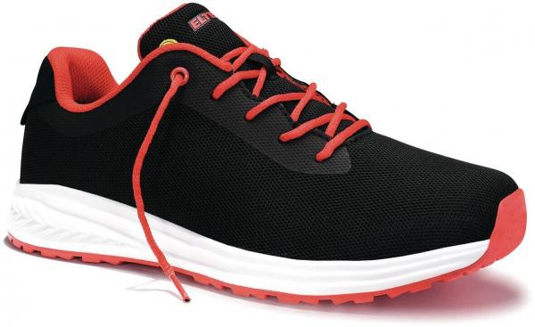 The shoe is lightweight and sporty, predominantly black with red laces and a white sole. The shape is modern and ergonomic for comfort while running.