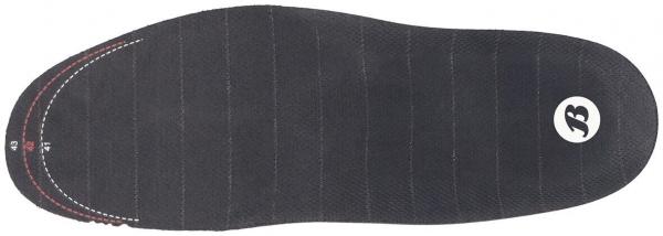 The image shows a black shoe sole with fine horizontal lines and a round logo on the right side. The sole has a grippy texture and a slightly curved edge.