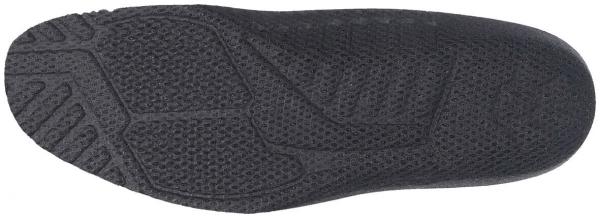 The image shows a black shoe sole with a textured, non-slip tread. The surface is designed with a mesh pattern that provides better grip.