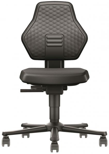 The image shows a black office chair with an ergonomic shape. The back has a textured surface and the seat is height adjustable. Five casters allow for easy mobility.