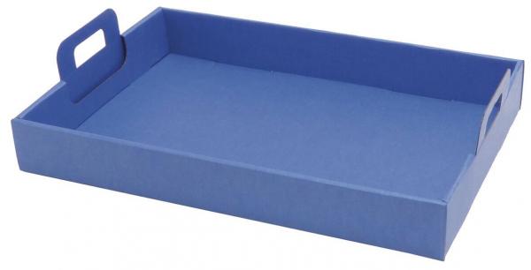 Das Bild zeigt ein flaches, rechteckiges Tablett in Blau. Es hat zwei seitliche Grifföffnungen und ist aus kräftigem Material gefertigt. Es hat keine tiefen Wände, nur einen flachen Boden.
