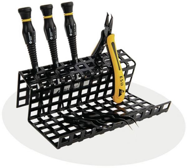 The image shows a black tool holder with three screwdrivers and a pair of pliers. The compartments are arranged in a grid-like fashion, allowing the tools to be clearly visible.
