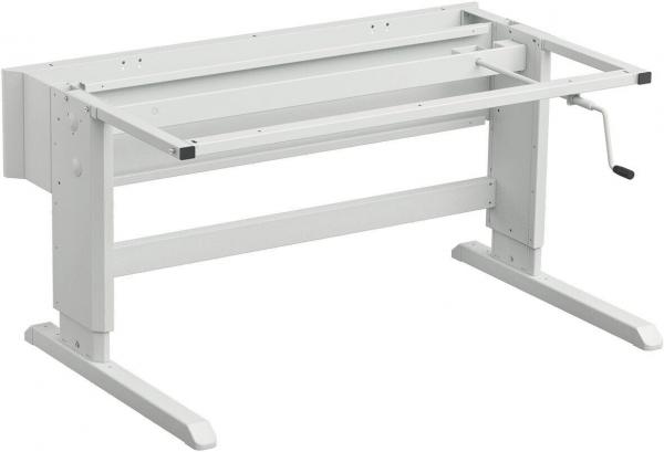 The image shows a simple, white table with a crank. It has two sturdy legs and is height-adjustable, ideal for various working positions.