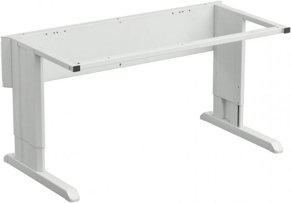 The image shows a plain white desk with a rectangular frame and two sturdy legs. The surface has no shelves or drawers.