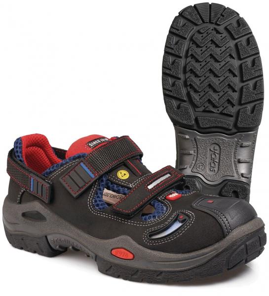 The image shows a black-blue shoe with red elements. It has two Velcro straps and a non-slip, textured sole. The shoe is sporty and provides good support.