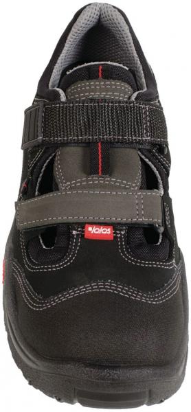 The image shows a black shoe with gray and red accents. It has a wide, adjustable Velcro strap and a sturdy, non-slip sole.