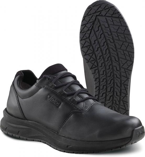 The image shows a black leather shoe with laces and a grippy rubber sole. The shoe has a sleek, sporty shape and a comfortable sole for everyday and casual wear.