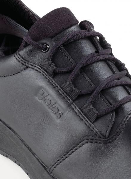 The image shows a black leather shoe with laces. The surface appears smooth and modern, and the logo is visible on the side.