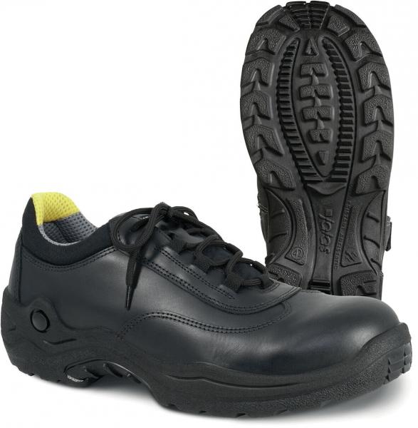Das Bild zeigt einen schwarzen Schuh mit Schnürsenkeln. Er hat eine robuste, gummierte Sohle mit rutschfestem Muster. Die Innenseite ist hellgrau, mit einem gelben Akzent an der Ferse.