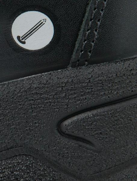 Das Bild zeigt einen Teil eines schwarzen Schuhs aus strukturiertem Material. Auf der Oberfläche ist ein kleines rundes Symbol mit einem Bleistift abgebildet.