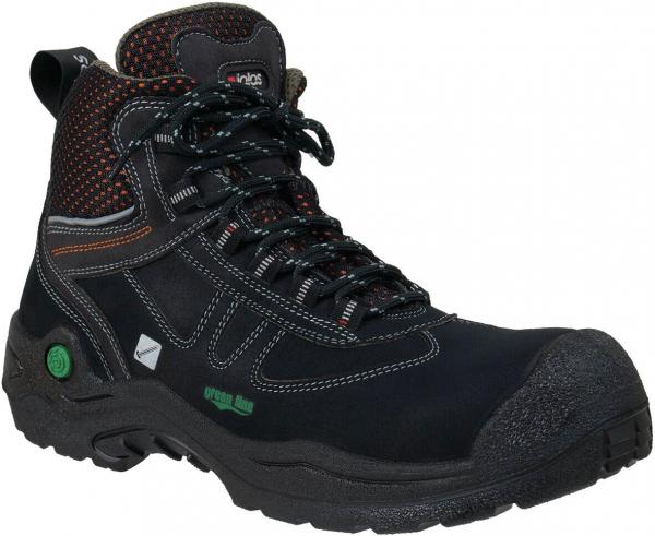 Das Bild zeigt einen schwarzen, knöchelhohen Wanderschuh mit orangefarbenen Akzenten. Er hat eine grobe Sohle und verstärkte Zehenkappe, ideal für unwegsames Gelände. Die Schnürsenkel sind schwarz.