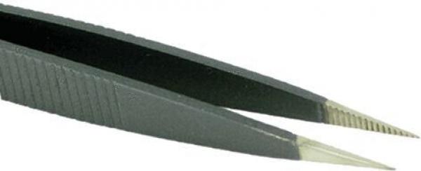 The image shows a high-quality tweezer. It has two pointed, narrow tongs with a non-slip surface. The tongs are made of metal, while the handle is black. Ideal for gripping small objects.