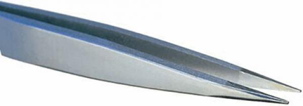 The image shows a stainless steel tweezer with narrow, pointed tips. It is shiny and has an elongated shape that tapers towards the gripping end. Ideal for precise tasks.