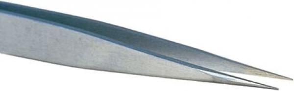 The image shows the tip of a sharp, metallic tweezer. The two ends are narrow and close together, ideal for gripping small objects. The surface is smooth and shiny.