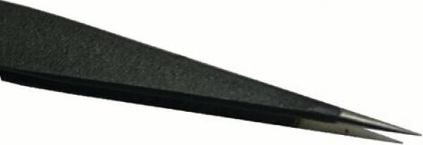 The image displays a black tweezer with a smooth, narrow tip. It is elongated and tapers towards the front. The surface appears to be slightly rough.