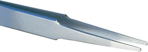 The image displays a silver tweezer with narrow, long gripping arms that taper to a point. It has a smooth surface and is suitable for precisely handling small objects.