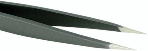 The image shows a pair of pointed pliers with black gripping surfaces. The tips are narrow and slightly curved. They are used for gripping and holding small objects.