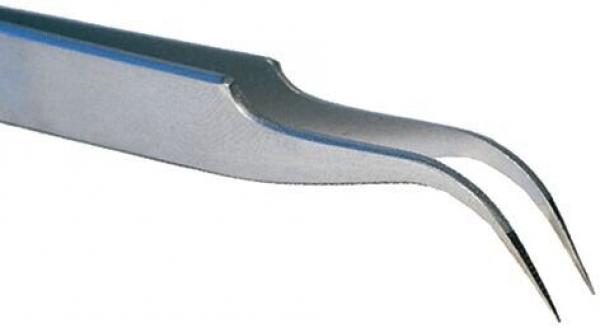 The image displays a pointed, metallic pair of tweezers with two curved tips that stand apart. It has a smooth surface and is suitable for precise tasks.