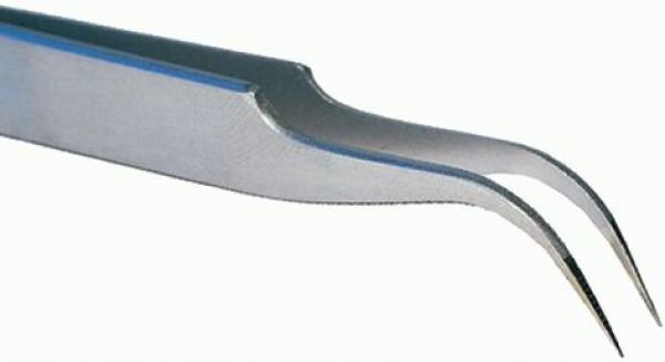 The image shows a sharp, metallic tweezer with two curved tips. The surface is smooth and shiny, ideal for grasping small objects.