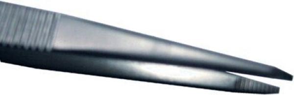 The image shows a black, pointed tweezer. It has non-slip grooves on the top side and a narrow, pointed tip, ideal for grasping small objects.