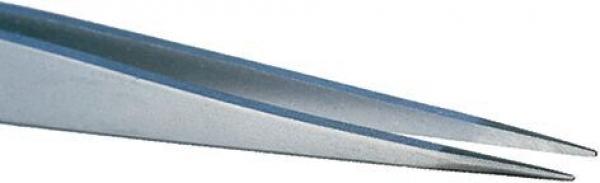 The image shows a sharp pair of scissors with two narrow blades that meet at the tip. The blades are made of silver metal and have a smooth surface.