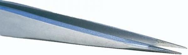 The image shows a sharp, metal tweezers. It is narrow and has a smooth surface that slightly shines. The ends are sharply pointed and suitable for grasping small objects.