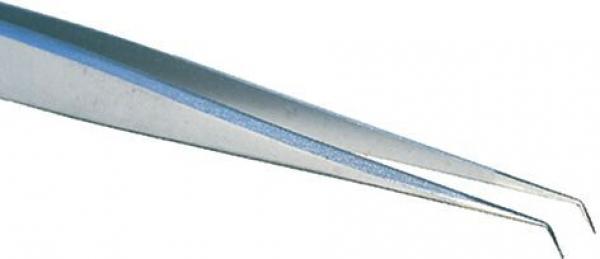 The image shows a pair of metal scissors with long, narrow tips, suitable for grasping and manipulating small objects. They are shiny and slightly curved.