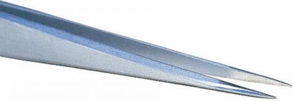 The image shows a fine, pointed pair of scissors. The blades are narrow and shiny, slightly curved, and meet at the tip. The body is metallic and slender.