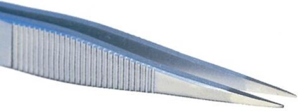 The image shows a sharp, metallic tweezer. The edges are smooth, and the grip areas have fine ridges for better hold. It is slim and slightly curved.