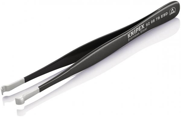 The image shows a black tweezer with a narrow, long shape and a fine tip. It has a non-slip surface and is intended for precise tasks.