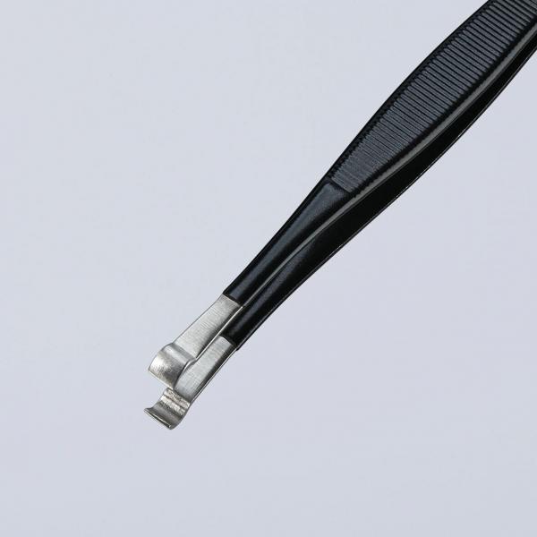 The image shows a black metal tweezer with a special pointed, slightly curved working surface. The grip area is non-slip and has a wavy pattern.