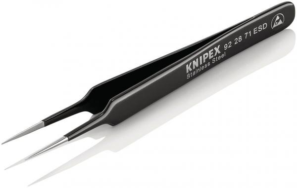The image shows a slim, black tweezer made of stainless steel with pointed tips. It has a smooth surface and the brand name "KNIPEX" is embossed on one side.