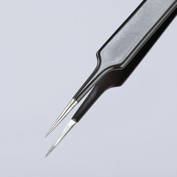 The image displays a fine tweezer with two narrow, pointed tips. It features a black handle and shiny, metallic tips. The tweezer appears precise and suitable for delicate tasks.