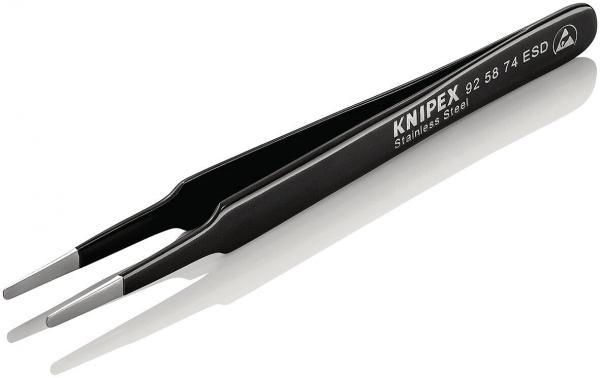 The image displays a black stainless steel tweezer with two pointed tips. On the side, the brand name "KNIPEX" and a model number are visible. The surfaces are smooth and shiny.