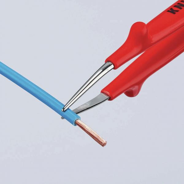 In the picture, there are red pliers holding a blue insulation wire. The insulation is partially removed, exposing a copper wire.