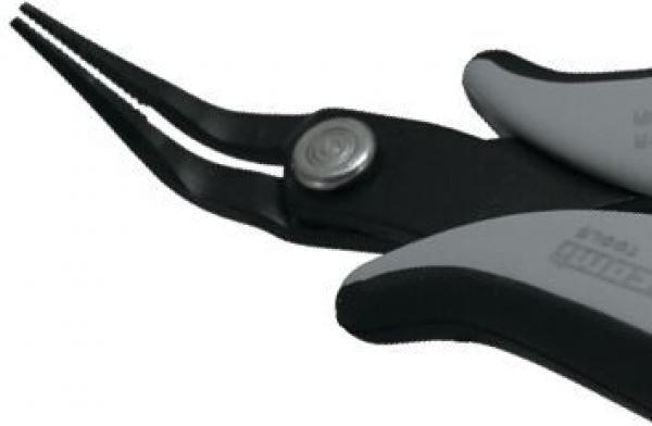 The image shows a black pair of pliers with gray handles. The pliers have two long, narrow tips that are angled to each other. A metal button connects the tips.