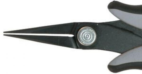 The image shows scissors with long, pointed blades and an ergonomic handle. The handle is black with gray accents. The blades are slim and precise.