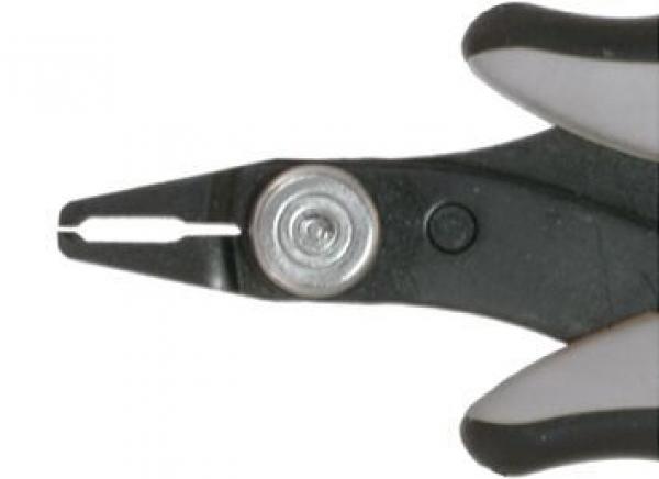 The image shows a pair of pliers with black and gray handles. At the tip, the cutting edges are visible, which are used for gripping and cutting wires or similar materials.