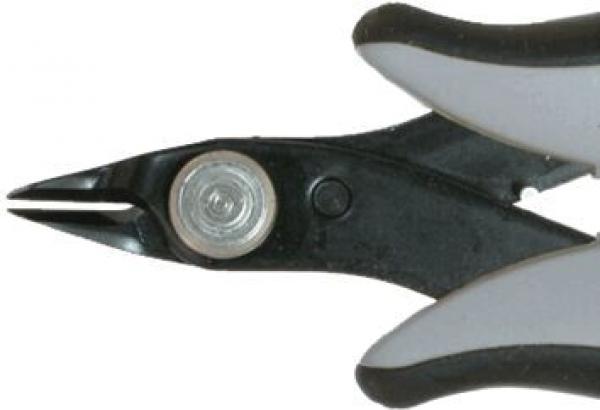The image shows a small pair of pliers with gray handles and a black body. The pliers have a pointed, narrow blade suitable for gripping or cutting.