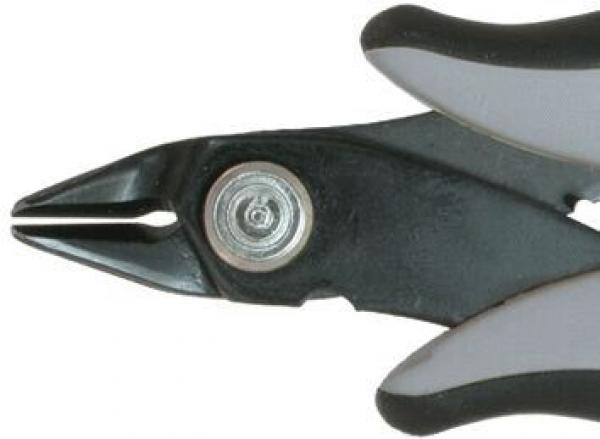 The image shows a gray-black pliers with a pointed, narrow blade. The handle is ergonomically shaped, and the pliers have a circular joint in the middle.