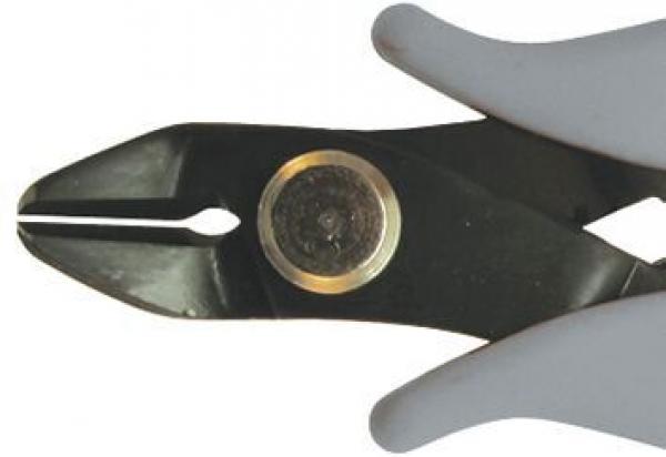 The image shows a pair of pliers with gray, ergonomic handles. The head is black and features an oval opening for gripping and cutting materials. A circular metal button is in the center.