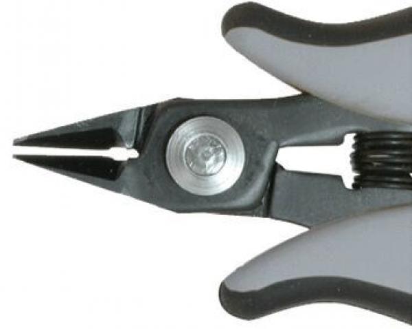 The image shows a pair of pliers with narrow, pointed jaws. It has gray rubber grips and a small silver screw closure in the middle that connects the joints.
