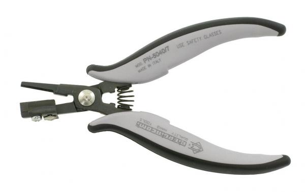 The image shows a pair of pliers with gray rubber grips and a spring-loaded opening. The tips are narrow and curved inward, suitable for grasping and shaping small parts.
