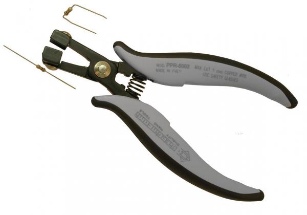 The image shows a pair of pliers with gray, textured handles and a black, metallic head. Next to the pliers are two pieces of wire that are bent.